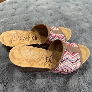 Blowfish Malibu Boho Chevron Wedge Slide Sandals in Brown and Pink Multi